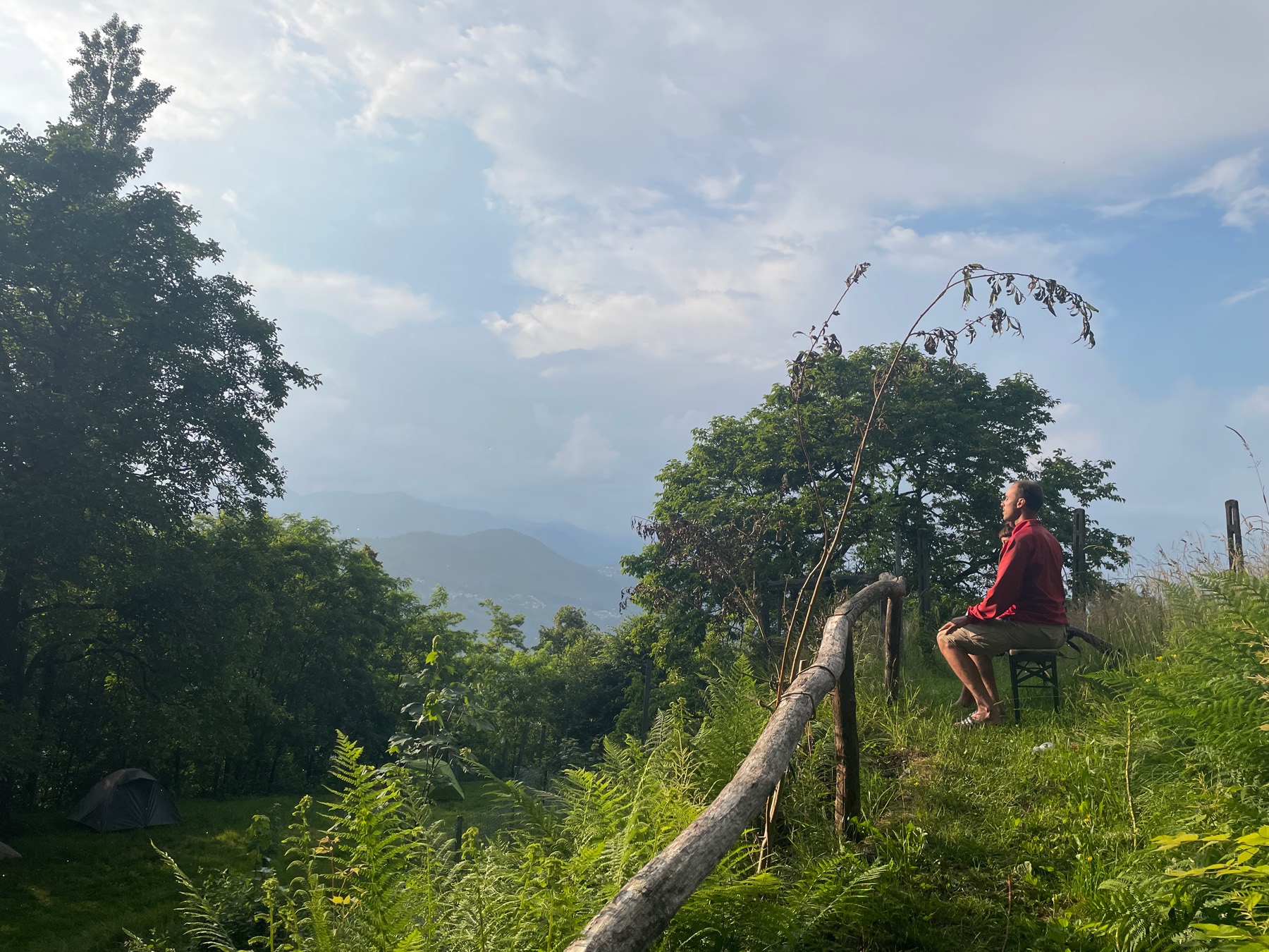 A person sitting on a wooden fence on a green hillside at dusk